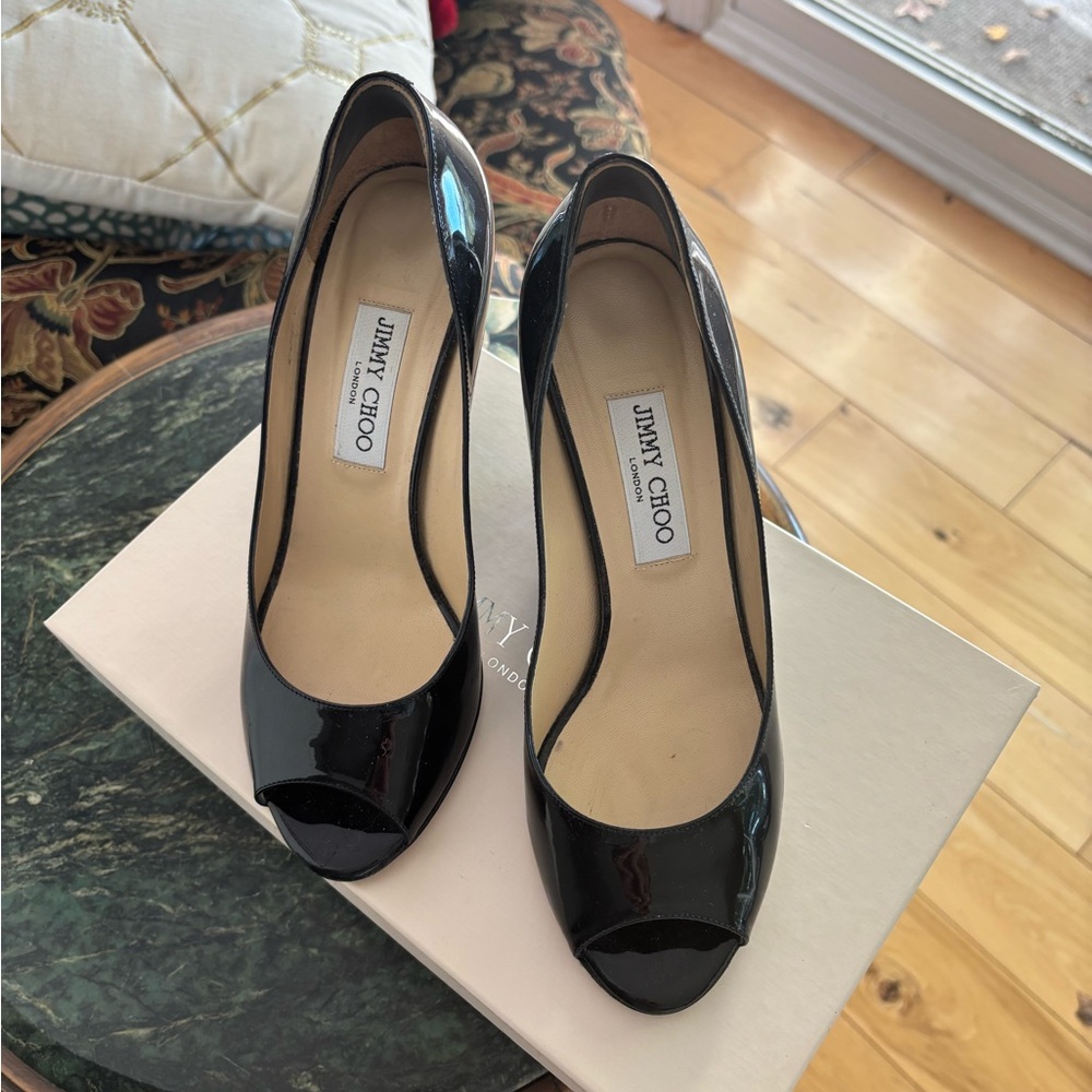 Jimmy Choo Black Patent Leather Peep-Toe Wedges (size:8)